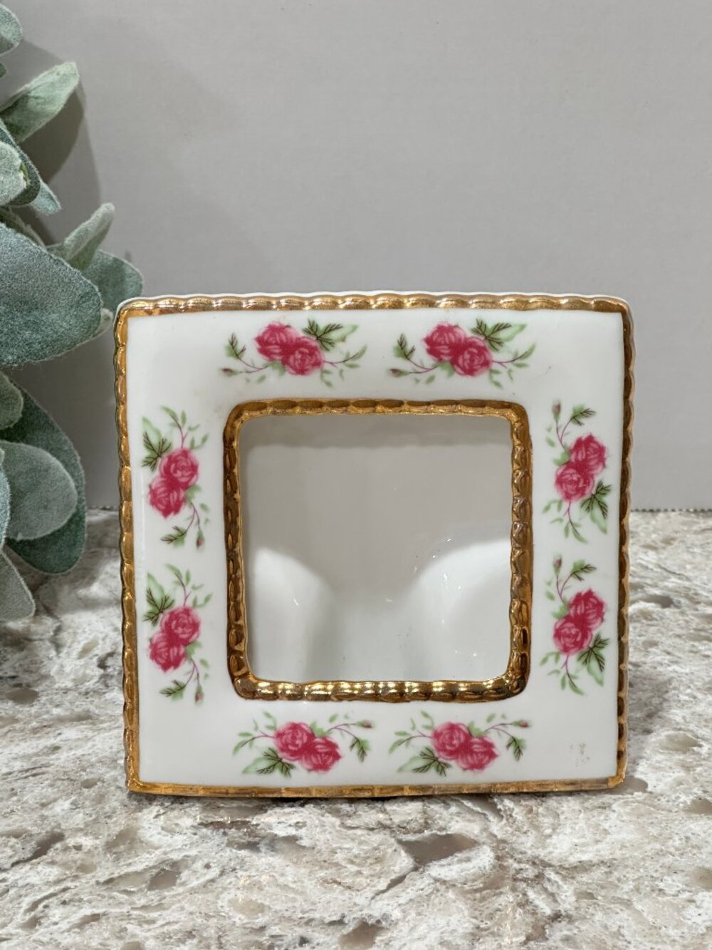VTG Finest Porcelain White Floral Pink Roses Picture Frame 4.5" x 4.5" Cottage